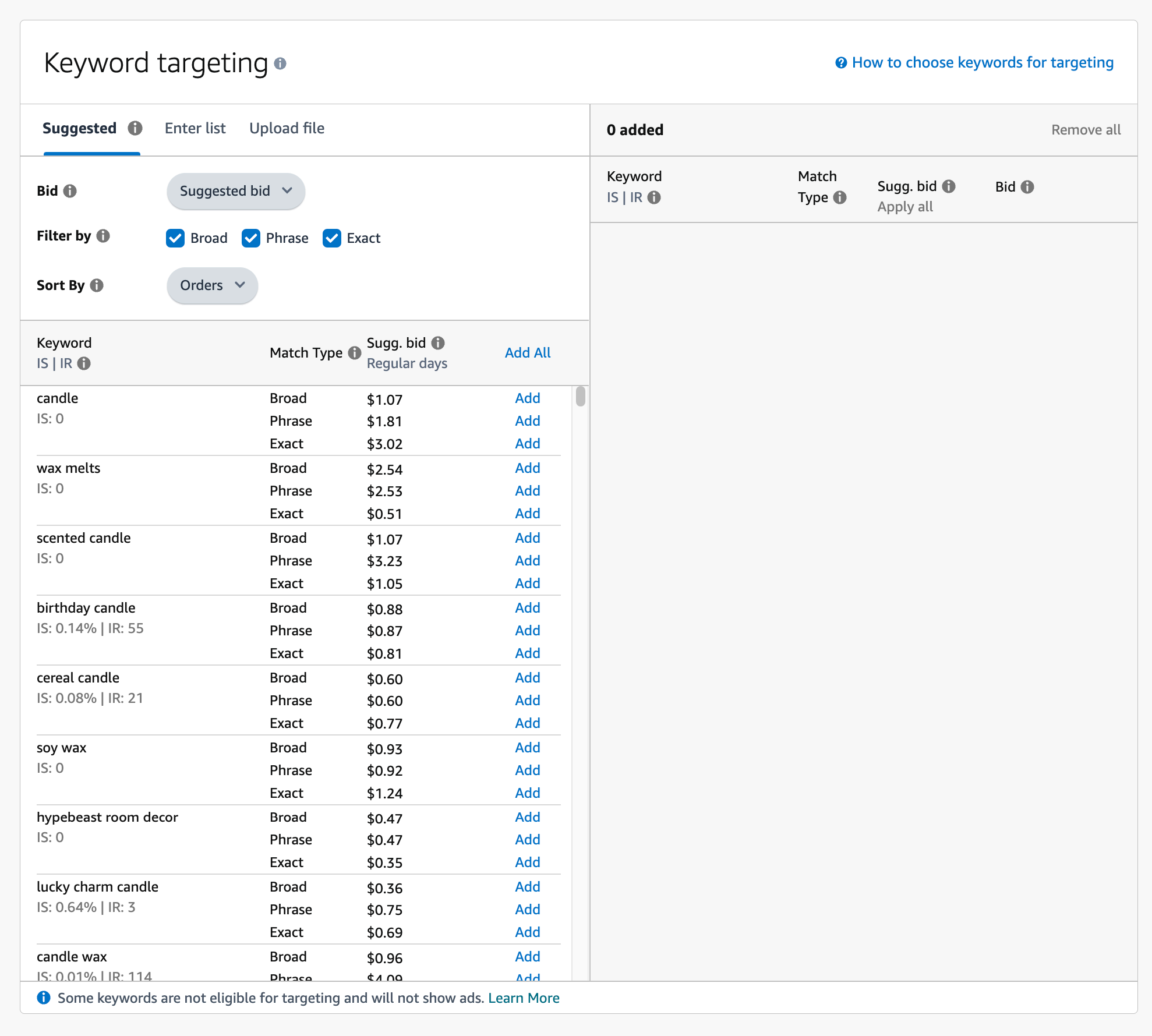 Select specific keyword targeting settings