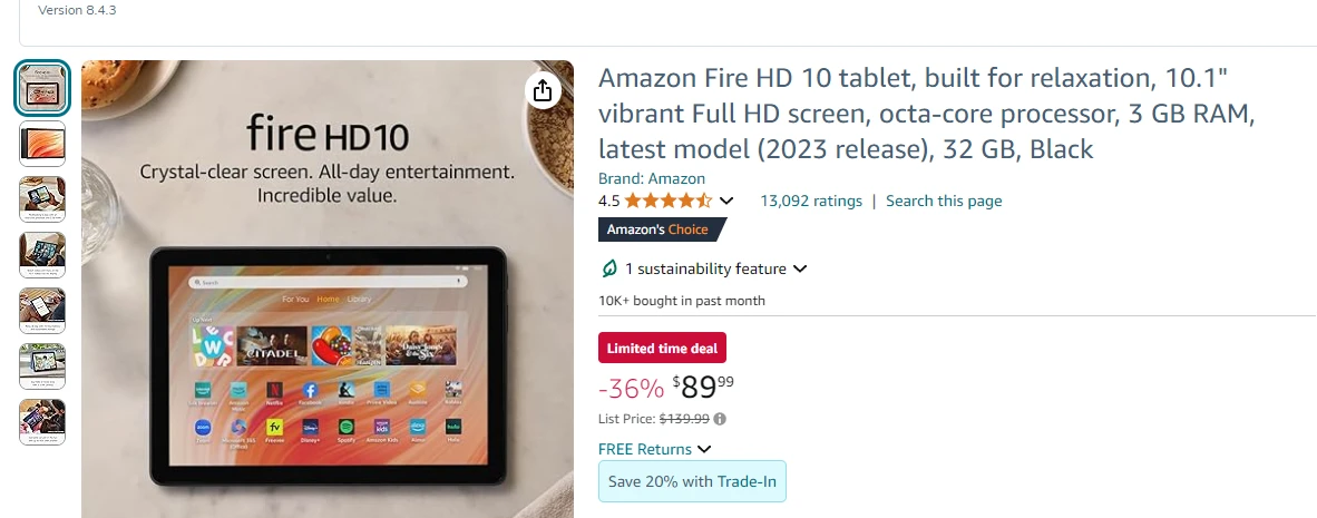 Fire tablet listing