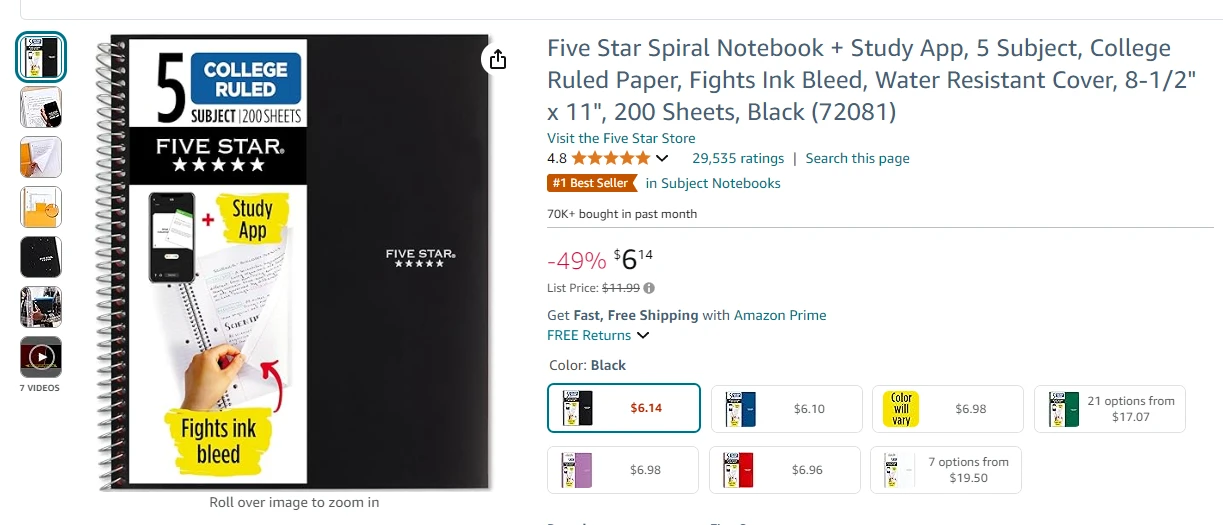 Spiral notebook listing