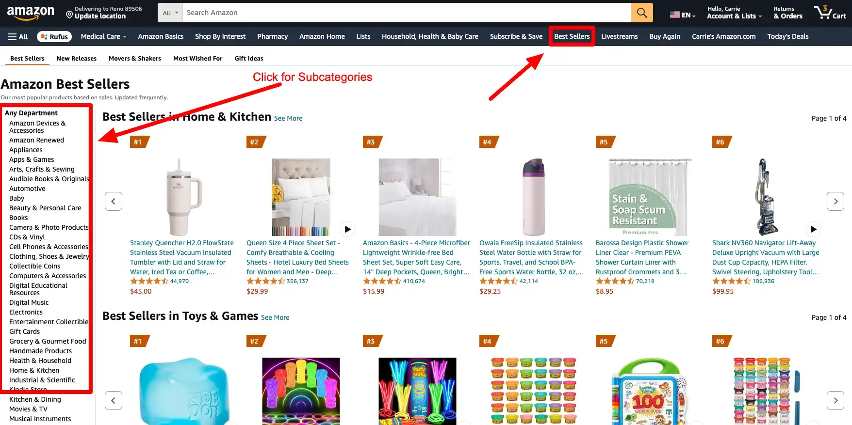 Amazon's Best Sellers page showing top 100 bestselling products in various categories, such as appliances, health and household, and home and kitchen. 