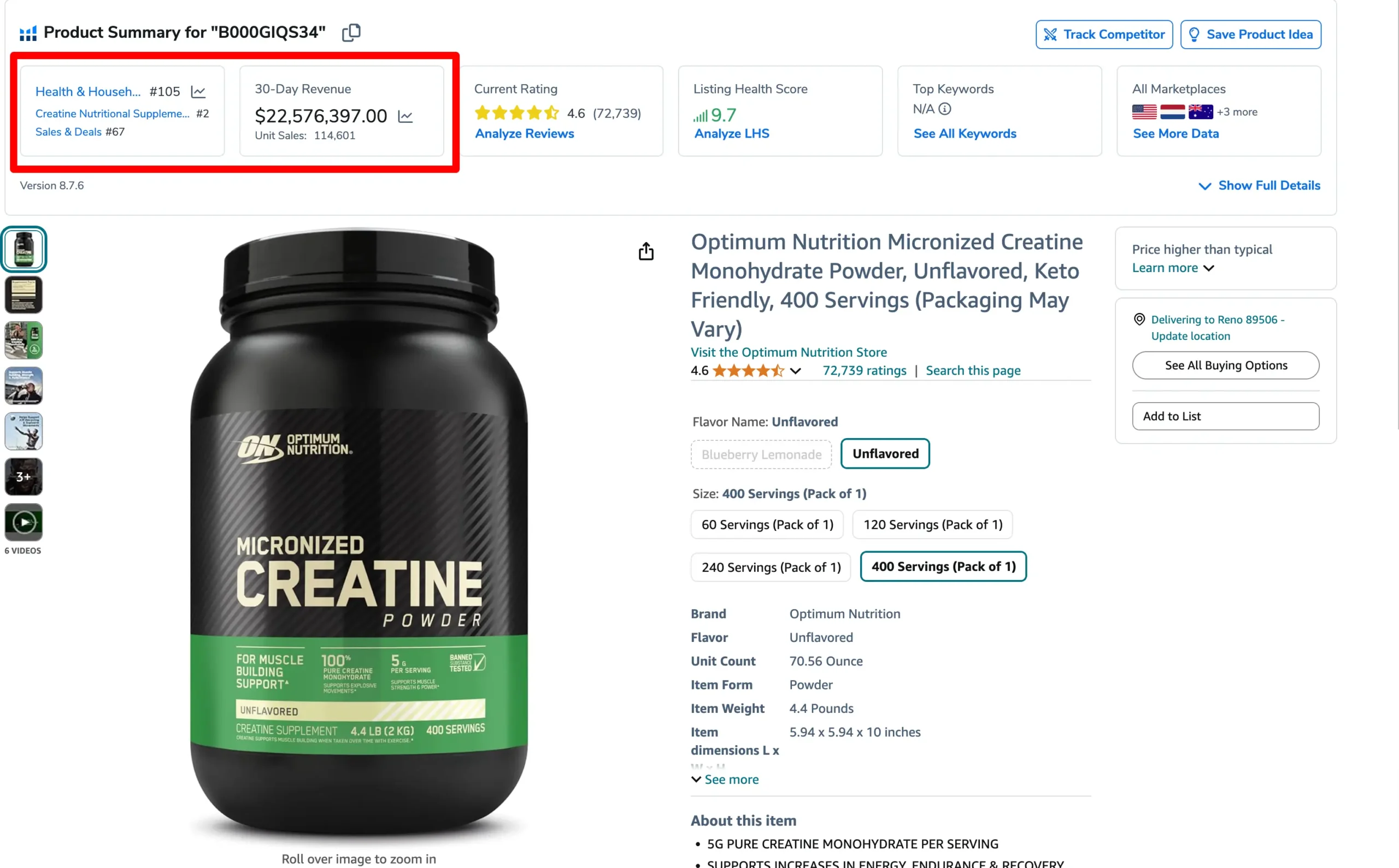 Amazon Product Summary for Creatine